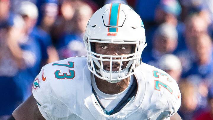 Oct 1, 2023; Orchard Park, New York, USA; Miami Dolphins guard Austin Jackson (73) prepares for a block against the Buffalo Bills in the fourth quarter at Highmark Stadium. Mandatory Credit: Mark Konezny-USA TODAY Sports