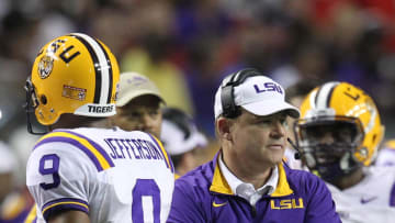 Dec 3, 2011; Atlanta, GA, USA; LSU Tigers head coach Les Miles reacts to Jordan Jefferson (9) against the Georgia Bulldogs during the first half of the 2011 SEC championship game at the Georgia Dome.  Mandatory Credit: Daniel Shirey-USA TODAY Sports
