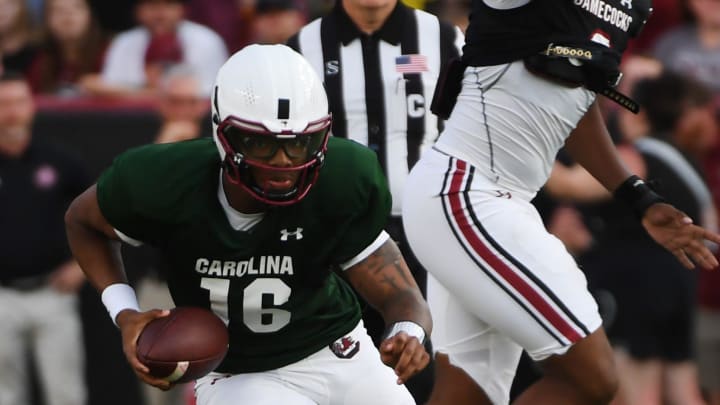 The University of South Carolina Spring football game took place at William-Brice Stadium on April 24, 2024. USC's LaNorris Sellers (16) with the ball.