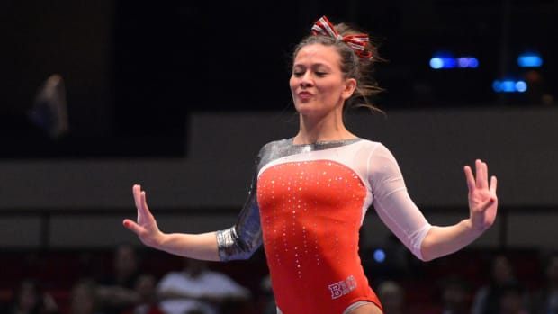 Nebraska gymnast Emily Wong competes on beam during the NCAA Gymnastics Individual Event Finals at the BJCC Arena.