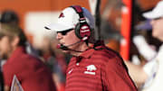 Arkansas Razorbacks interim head coach Bobby Petrino during the first half against the Texas Longhorns at Darrell K Royal-Texas Memorial Stadium.