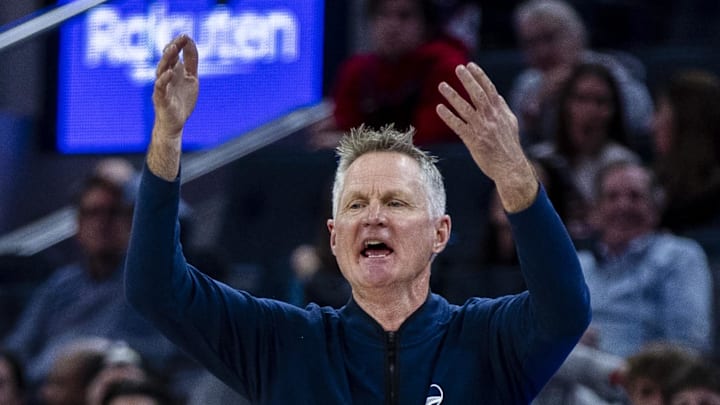 Mar 25, 2026; San Francisco, California, USA; Golden State Warriors head coach Steve Kerr reacts  during the fourth quarter against the Brooklyn Nets at Chase Center. Mandatory Credit: John Hefti-Imagn Images