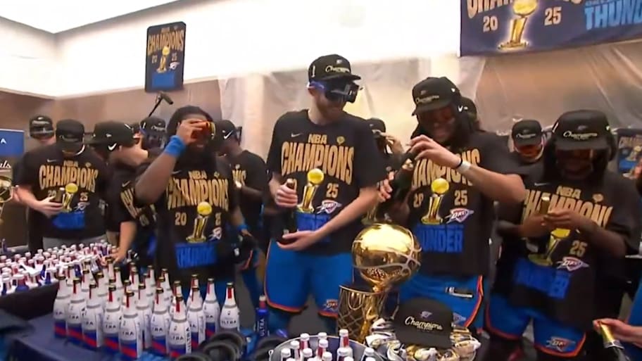 Oklahoma City Thunder players celebrate after winning the 2025 NBA Finals. | Via ESP