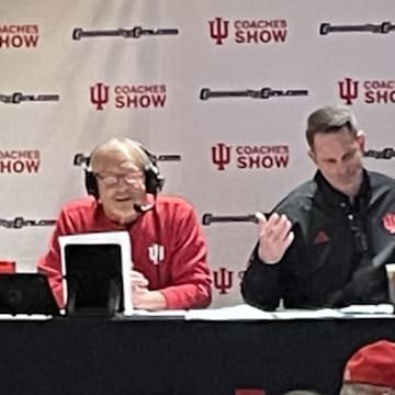 Inside Indiana Football show host Don Fischer (left) and Indiana football coach Curt Cignetti conduct Cignetti's radio show at Hoosier Hank's restaurant in Bloomington on Nov. 14, 2024.