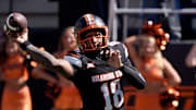 Oklahoma State Cowboys quarterback Sam Jackson V (18) throws an interception during a college football game between the Oklahoma State Cowboys (OSU) and the Houston Cougars at Boone Pickens Stadium in Stillwater, Okla., Saturday, Oct. 11, 2025.