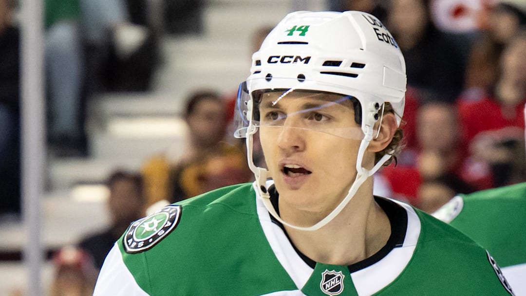 Nov 22, 2025; Calgary, Alberta, CAN; Dallas Stars defenseman Vladislav Kolyachonok (44) in action against the Calgary Flames during the third period at Scotiabank Saddledome. Mandatory Credit: Brett Holmes-Imagn Images