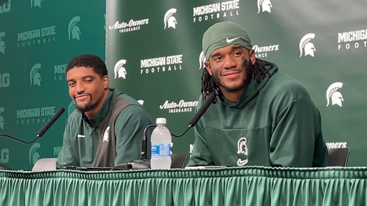 Left to right: Michigan State linebackers Wayne Matthews III and Jordan Hall speak to the media after a 41-24 win over Youngstown State on Sept. 13, 2025. Left to right: Michigan State linebackers Wayne Matthews III and Jordan Hall speak to the media after a 41-24 win over Youngstown State on Sept. 13, 2025.