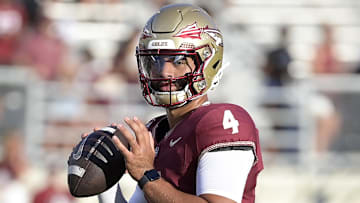 Sep 2, 2024; Tallahassee, Florida, USA; Florida State Seminoles quarterback DJ Uiagalelei (4) before the game agasint the Boston College Eagles at Doak S. Campbell Stadium. Mandatory Credit: Melina Myers-Imagn Images