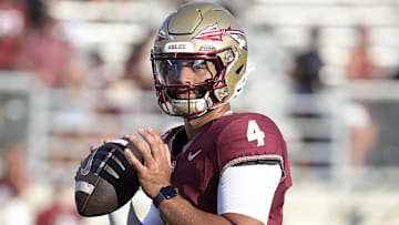 Sep 2, 2024; Tallahassee, Florida, USA; Florida State Seminoles quarterback DJ Uiagalelei (4) before the game agasint the Boston College Eagles at Doak S. Campbell Stadium. Mandatory Credit: Melina Myers-Imagn Images