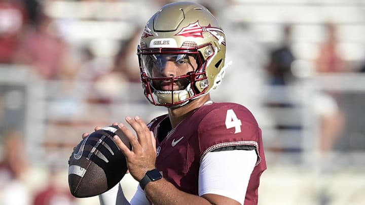 Sep 2, 2024; Tallahassee, Florida, USA; Florida State Seminoles quarterback DJ Uiagalelei (4) before the game agasint the Boston College Eagles at Doak S. Campbell Stadium. Mandatory Credit: Melina Myers-Imagn Images