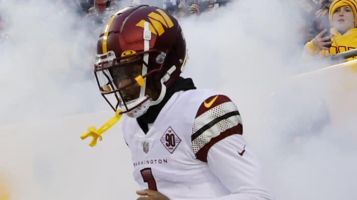 Jan 8, 2023; Landover, Maryland, USA; Washington Commanders wide receiver Jahan Dotson (1) takes to the field prior to the Commanders' game against the Dallas Cowboys at FedExField. Mandatory Credit: Geoff Burke-USA TODAY Sports