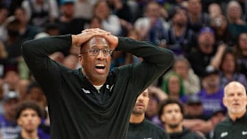 Apr 12, 2024; Sacramento, California, USA; Sacramento Kings head coach Mike Brown reacts to a call during the fourth quarter at Golden 1 Center. Mandatory Credit: Ed Szczepanski-Imagn Images