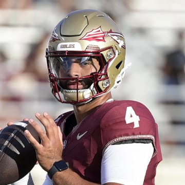 Sep 2, 2024; Tallahassee, Florida, USA; Florida State Seminoles quarterback DJ Uiagalelei (4) before the game agasint the Boston College Eagles at Doak S. Campbell Stadium. Mandatory Credit: Melina Myers-USA TODAY Sports