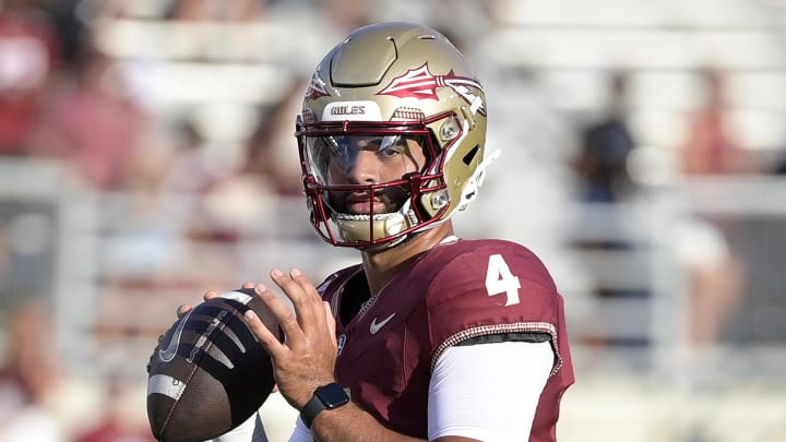 Sep 2, 2024; Tallahassee, Florida, USA; Florida State Seminoles quarterback DJ Uiagalelei (4) before the game agasint the Boston College Eagles at Doak S. Campbell Stadium. Mandatory Credit: Melina Myers-USA TODAY Sports