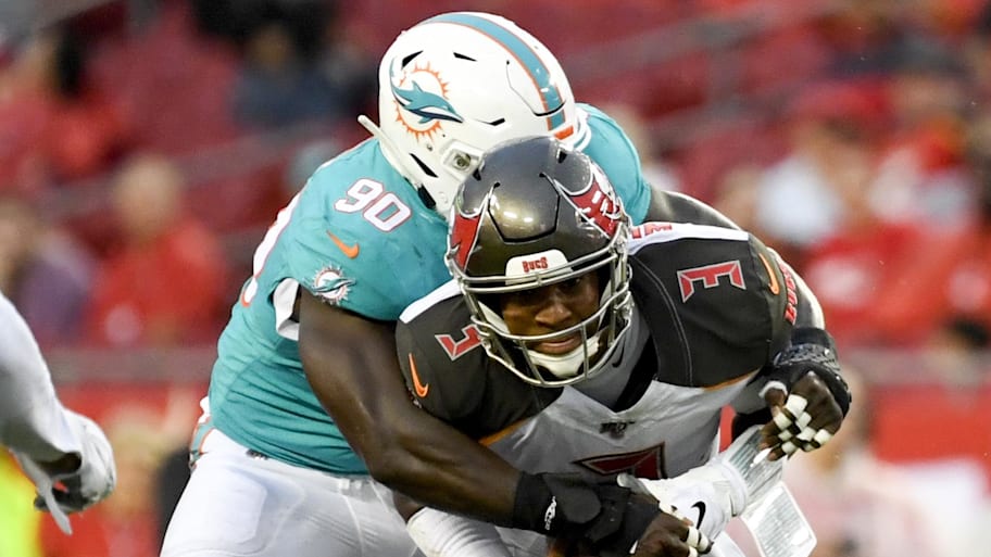 Miami Dolphins defensive end Charles Harris sacks Jameis Winston during a preseason game in 2019. | Douglas DeFelice-USA TODAY Sports