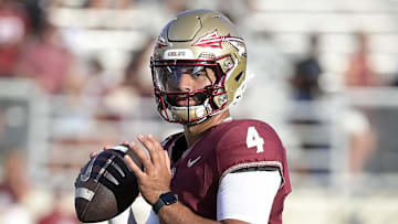 Sep 2, 2024; Tallahassee, Florida, USA; Florida State Seminoles quarterback DJ Uiagalelei (4) before the game agasint the Boston College Eagles at Doak S. Campbell Stadium. Mandatory Credit: Melina Myers-Imagn Images