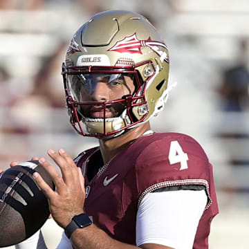 Sep 2, 2024; Tallahassee, Florida, USA; Florida State Seminoles quarterback DJ Uiagalelei (4) before the game agasint the Boston College Eagles at Doak S. Campbell Stadium. Mandatory Credit: Melina Myers-Imagn Images