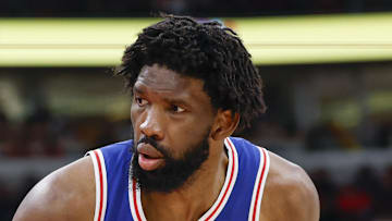 Chicago Bulls center Nikola Vucevic defends against Philadelphia 76ers center Joel Embiid.