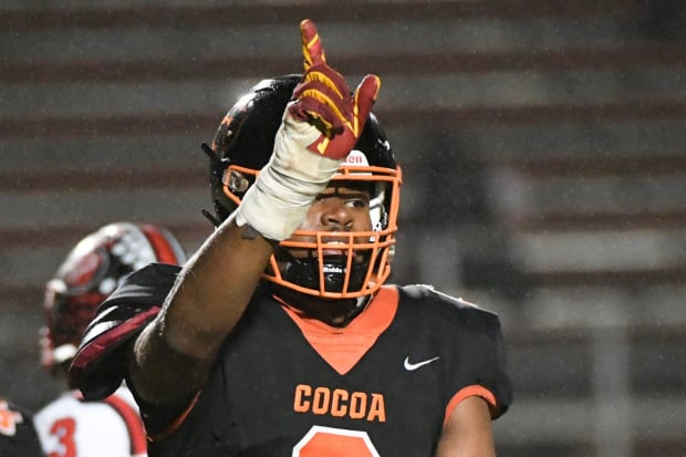 Javion Hilson of Cocoa (Florida) reacts to a defensive play against Dunnellon in 2023. 