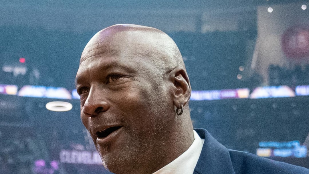 February 20, 2022; Cleveland, Ohio, USA; NBA great Michael Jordan is honored for being selected to the NBA 75th Anniversary Team during halftime in the 2022 NBA All-Star Game at Rocket Mortgage FieldHouse. Mandatory Credit: Kyle Terada-USA TODAY Sports