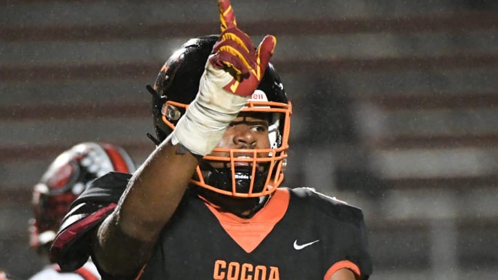 Javion Hilson of Cocoa reacts to a defensive play against Dunnellon in the 2023 FHSAA football playoffs Friday, November 17, 2023. The Florida State commit will lead the Tigers' drive to capture at third straight Florida football state championship.