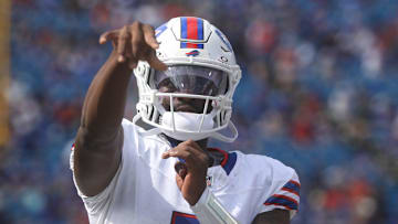 Buffalo Bills quarterback Anthony Brown warms up on the sidelines during the second half of the preseason game against Carolina Panthers at Highmark Stadium in Orchard Park on Aug. 24, 2024.