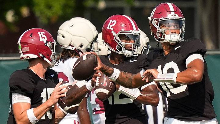 Aug. 19, 2025, Tuscaloosa, AL; Quarterbacks Austin Mack (10), Keelon Russell (12), and Ty Simpson (15) throw during practice for the Alabama Crimson Tide.