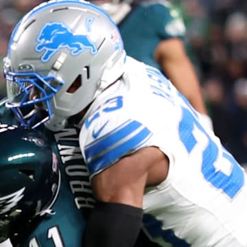 Philadelphia Eagles wide receiver A.J. Brown (11) attempts to make a catch over Detroit Lions cornerback Rock Ya-Sin (23).