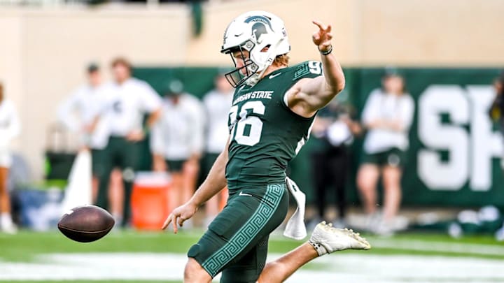 Michigan State's Ryan Eckley punts against Washington during the second quarter on Saturday, Sept. 16, 2023, at Spartan Stadium in East Lansing. Michigan State's Ryan Eckley punts against Washington during the second quarter on Saturday, Sept. 16, 2023, at Spartan Stadium in East Lansing.