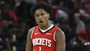 Nov 16, 2025; Houston, Texas, USA; Houston Rockets guard Amen Thompson (1) reacts after a play during the third quarter against the Orlando Magic at Toyota Center. Mandatory Credit: Troy Taormina-Imagn Images