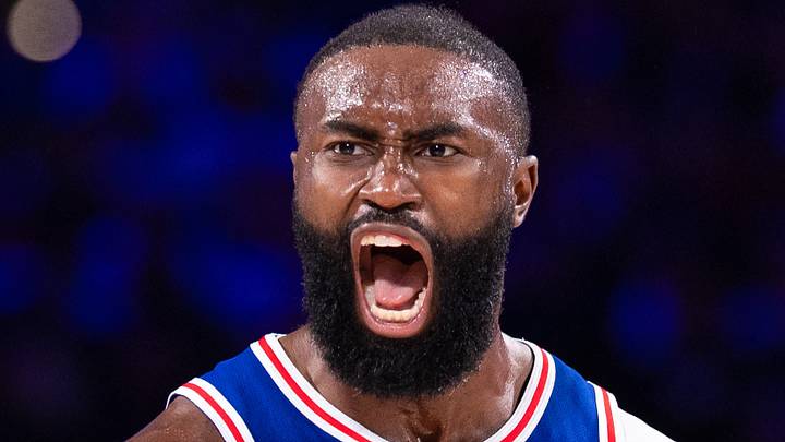 Oct 22, 2026; Philadelphia, Pennsylvania, USA; Philadelphia 76ers guard Jaylen Brown (7) reacts after a score against the Cleveland Cavaliers during the fourth quarter at Xfinity Mobile Arena. Mandatory Credit: Bill Streicher-Imagn Images