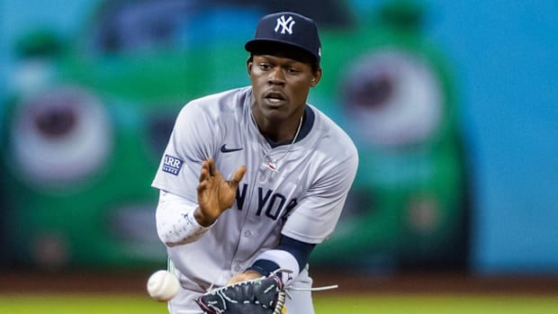 New York Yankees third baseman Jazz Chisholm Jr. fields a grounder