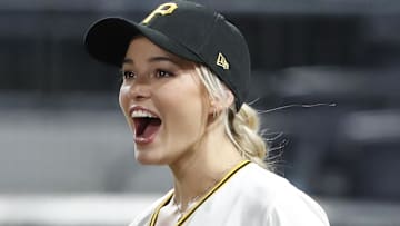 Social media celebrity and Louisiana State University gymnast Livvy Dunn on the field after the Pittsburgh Pirates defeated the Cincinnati Reds at PNC Park. The Pirates won 4-1.