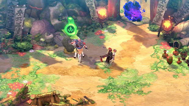 Two characters upgrading their equipment in Towa and the Guardians of the Sacred Tree.