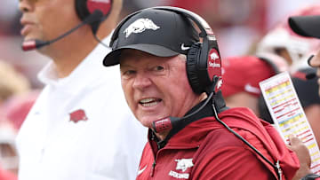 Arkansas Razorbacks interim head coach Bobby Petrino shouts toward a referee during the second quarter against the Texas A&M Aggies at Razorback Stadium.