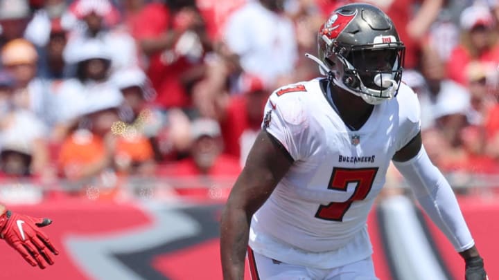 Sep 17, 2023; Tampa, Florida, USA; Tampa Bay Buccaneers linebacker Shaquil Barrett (7) sacks Chicago Bears quarterback Justin Fields (1) during the second quarter at Raymond James Stadium. 