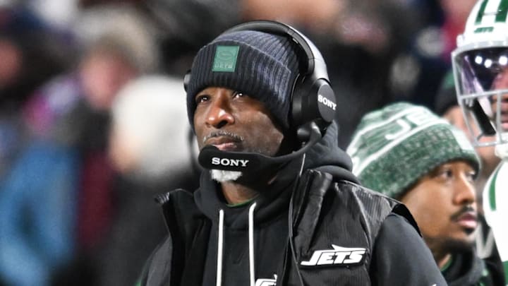 Jan 4, 2026; Orchard Park, New York, USA; New York Jets head coach Aaron Glenn looks on during the third quarter against the Buffalo Bills at Highmark Stadium. Mandatory Credit: Mark Konezny-Imagn Images