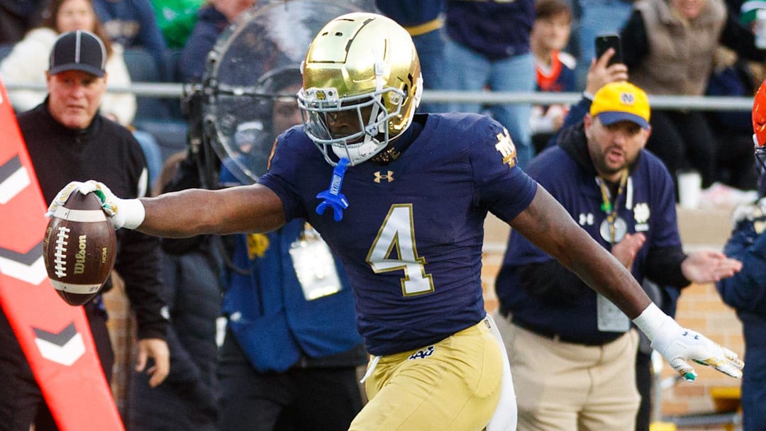 Notre Dame running back Jeremiyah Love (4), who starred at Christian Brothers College Prep (MO), is expected to be a first round pick in the NFL Draft.