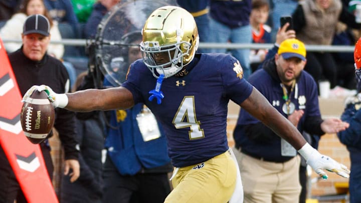Notre Dame running back Jeremiyah Love (4), who starred at Christian Brothers College Prep (MO), is expected to be a first round pick in the NFL Draft.