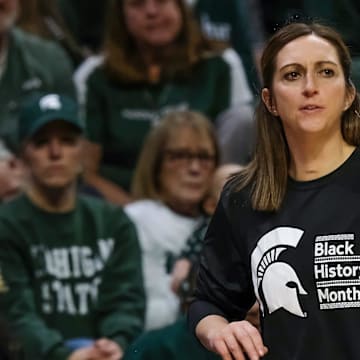 Robyn Fralick Michigan State Women's Head Basketball Coach watches her team during the UofM game Sunday, Feb. 9, 2025.