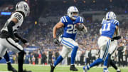 Indianapolis Colts running back Jonathan Taylor (28) rushes for a touchdown Sunday, Dec. 31, 2023, during a game against the Las Vegas Raiders at Lucas Oil Stadium in Indianapolis.