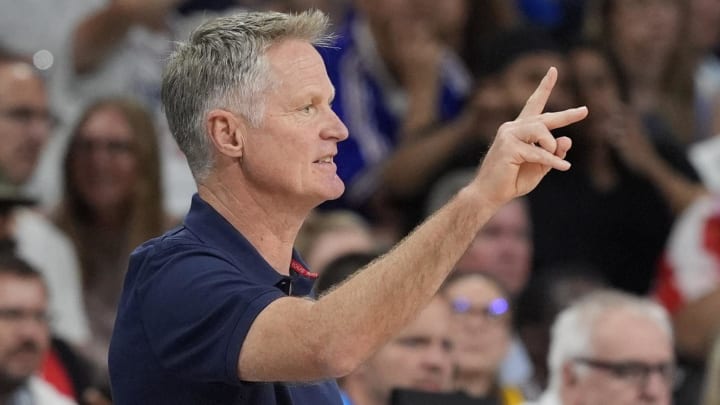 Jul 31, 2024; Villeneuve-d'Ascq, France; United States head coach Steve Kerr in the first quarter against South Sudan during the Paris 2024 Olympic Summer Games at Stade Pierre-Mauroy. Mandatory Credit: John David Mercer-USA TODAY Sports