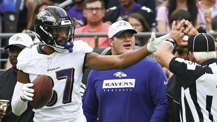 Aug 17, 2024; Baltimore, Maryland, USA;  Baltimore Ravens wide receiver Keith Kirkwood (87) reacts after making a catch for a first down against the Atlanta Falcons during the first half at M&T Bank Stadium. Mandatory Credit: Tommy Gilligan-Imagn Images