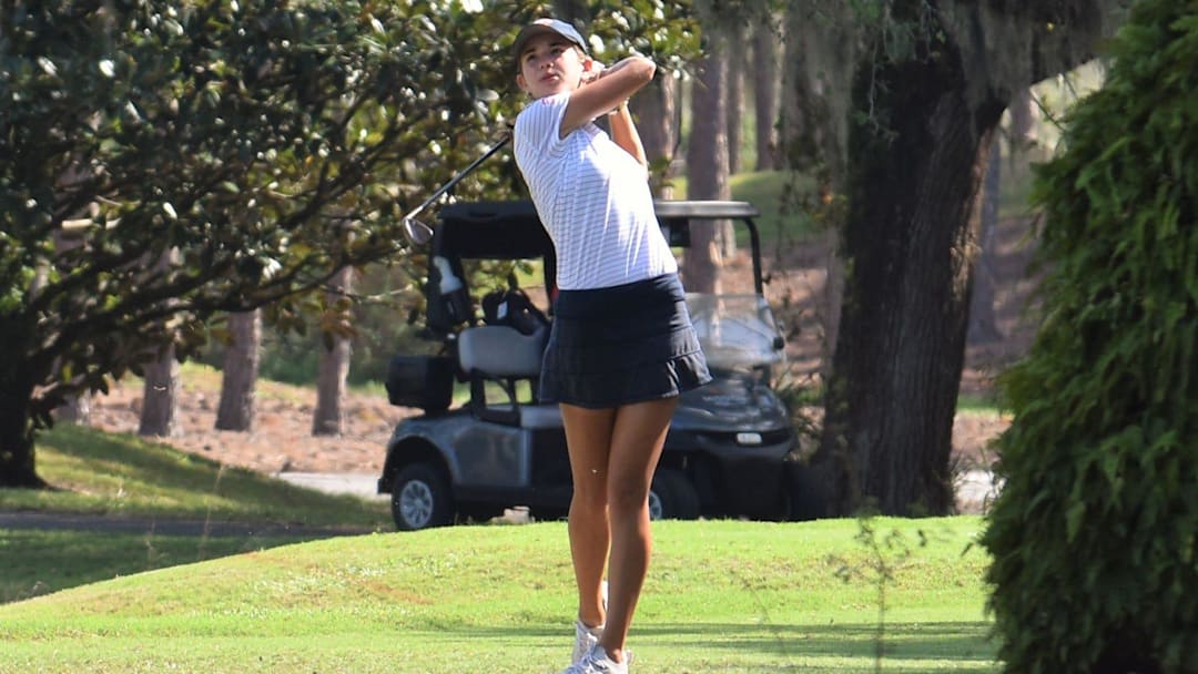 Kai Trump, Benjamin golfer and granddaughter of President-elect Donald Trump, drives the ball on Hole 11 of the Class 1A state championship on Nov. 12, 2024.
