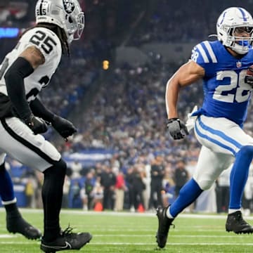Indianapolis Colts running back Jonathan Taylor (28) rushes for a touchdown Sunday, Dec. 31, 2023, during a game against the Las Vegas Raiders at Lucas Oil Stadium in Indianapolis.