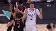 Duke freshman Cooper Flagg after committing a foul during Final Four matchup against Houston.