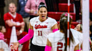 Teraya Sigler reacts to a Husker block on Friday night. She led Nebraska with nine kills against Michigan State.
