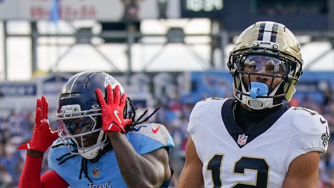 Tennessee Titans cornerback Kemon Hall reacts to New Orleans Saints wide receiver Chris Olave.