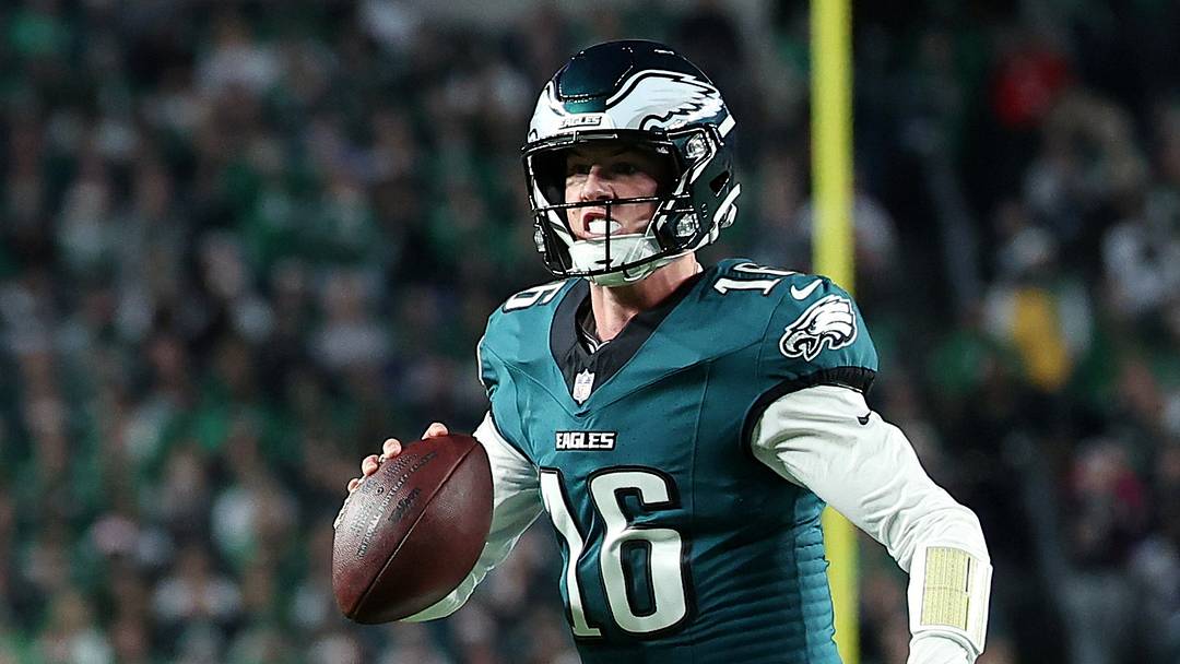 Philadelphia Eagles quarterback Tanner McKee (16) looks to pass during the third quarter against the Dallas Cowboys at Lincoln Financial Field.  Mandatory Credit: Bill Streicher-Imagn Images