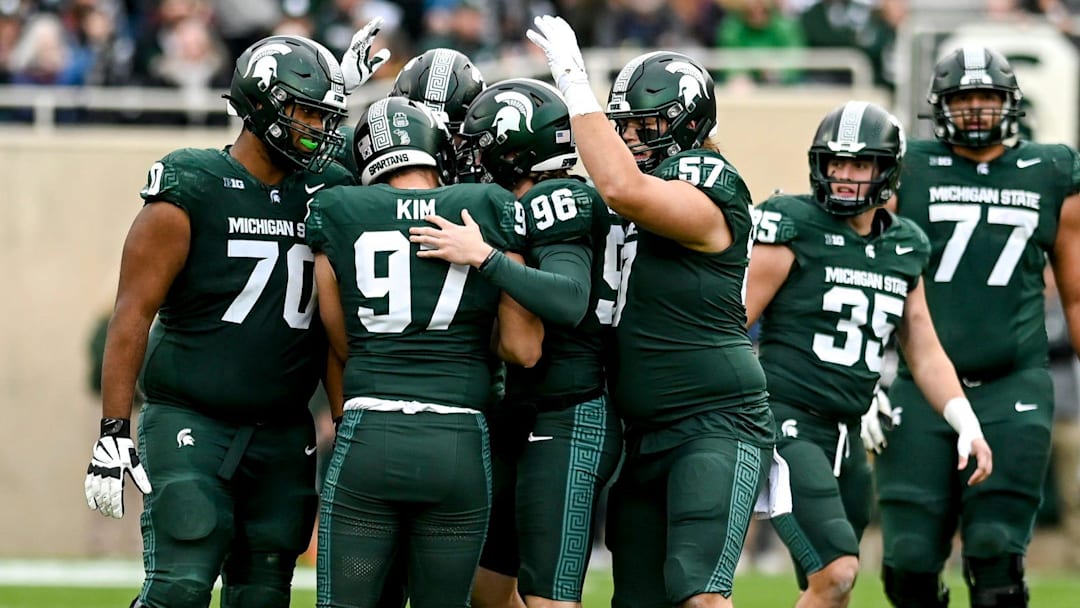 Michigan State's Jonathan Kim celebrates with teammates after kicking a 50-yard field goal against Nebraska during the third quarter on Saturday, Nov. 4, 2023, at Spartan Stadium in East Lansing. Michigan State's Jonathan Kim celebrates with teammates after kicking a 50-yard field goal against Nebraska during the third quarter on Saturday, Nov. 4, 2023, at Spartan Stadium in East Lansing.